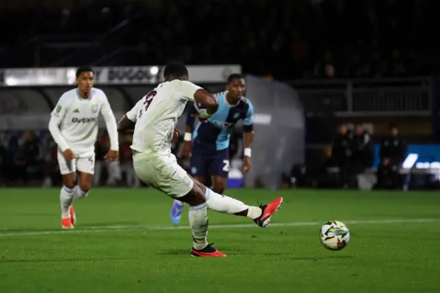 Jhon Duran scores from the penalty spot for Aston Villa in the EFL tie at Wycombe Wanderers