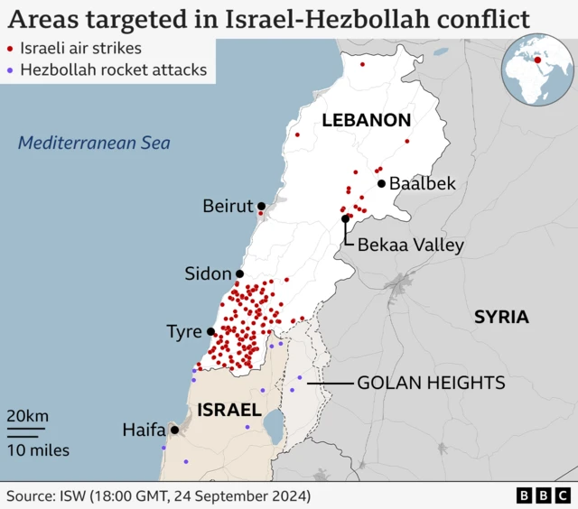 Map showing areas targeted in Israel-Hezbollah conflict