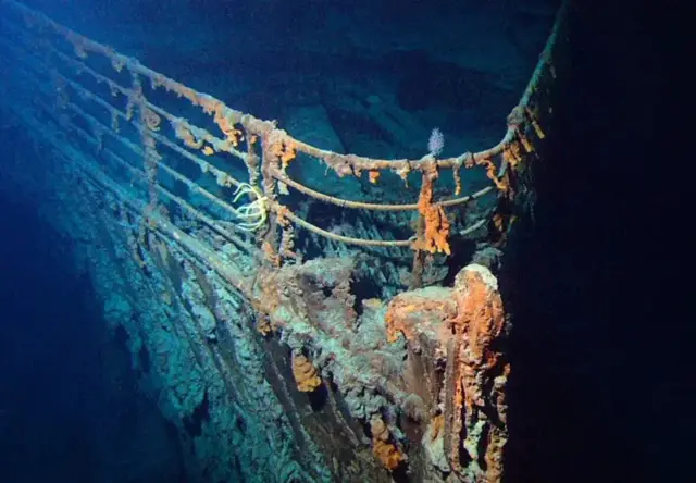 The bow of the Titanic at the bottom of the Atlantic Ocean