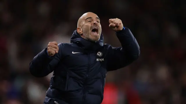 Enzo Maresca manager / head coach of Chelsea celebrates after Christopher Nkunku of Chelsea scores a goal to make it 0-1 during the Premier League match between AFC Bournemouth and Chelsea FC at Vitality Stadium on September 14, 2024 in Bournemouth, England.