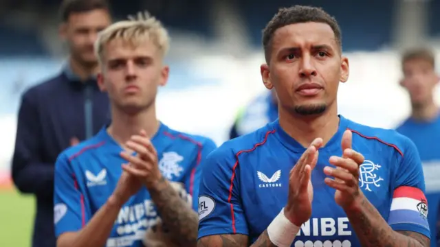 Rangers captain James Tavernier applauds the fans during the SPL | Premier League match between Rangers FC and Ross County FC at Ibrox Stadium on August 24, 2024 in Glasgow, Scotland.