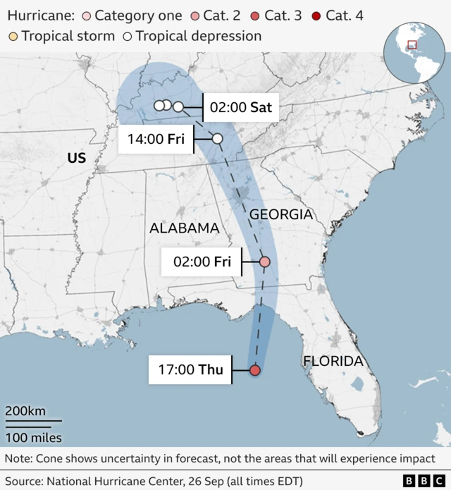 The expected path of Hurricane Helene as it approaches Florida