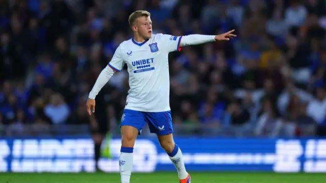 Connor Barron of Rangers gestures during the pre-season friendly match between Birmingham City and Rangers at St Andrew’s at Knighthead Park on July 24, 2024 in Birmingham, England. The inaugural Trevor Francis Memorial Match will mark the first anniversary of his passing.