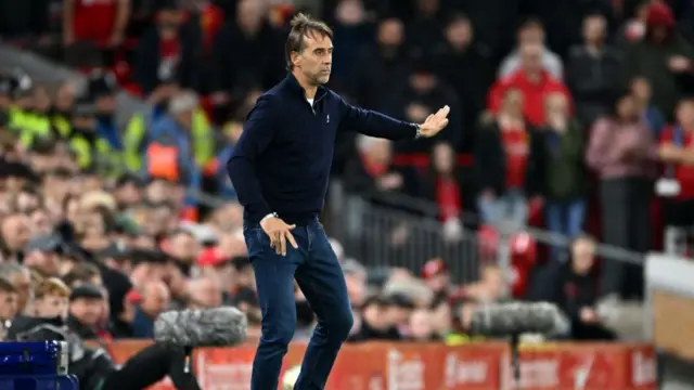 Julen Lopetegui, Manager of West Ham United, reacts during the Carabao Cup Third Round match between Liverpool and West Ham United at Anfield on September 25, 2024 in Liverpool, England.