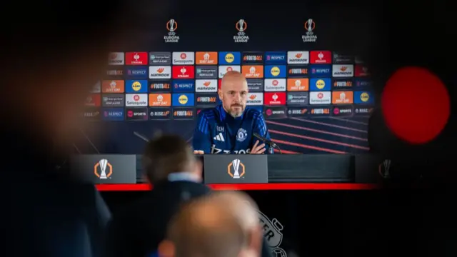 Manager Erik ten Hag of Manchester United speaks during the UEFA Europa League 2024/25 League Phase MD1 press conference at Carrington Training Complex on September 24, 2024 in Manchester, England.