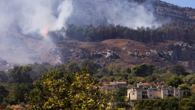 Smoke billows and a fire can be seen in trees in the background, with buildings in the foreground