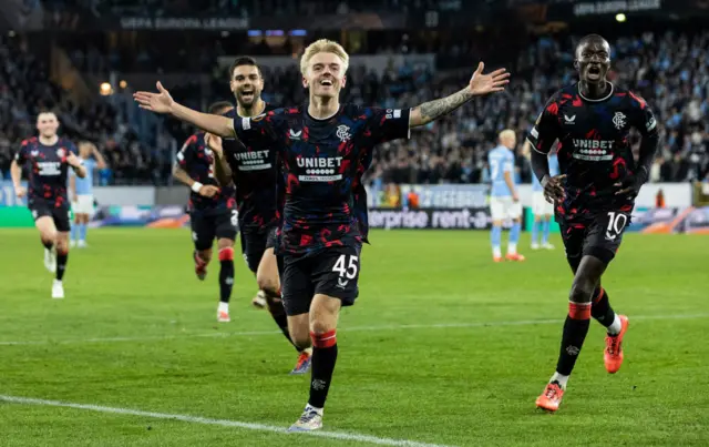 MALMO, SWEDEN - SEPTEMBER 26: Rangers' Ross McCausland celebrates scoring to make it 2-0 during a UEFA Europa League Matchday One League Phase match between Malmo FF and Rangers at the Eleda Stadion, on September 26, 2024, in Malmo, Sweden. (Photo by Alan Harvey / SNS Group)