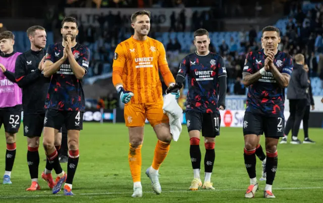 Rangers players celebrate in Malmo