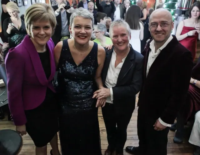 Susan and Gerrie Douglas-Scott at their wedding with Nicola Sturgeon and Patrick Harvie