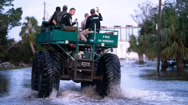 Authorities use a special vehicle in the aftermath of Hurricane Helene on September 27 near Steinhatchee, Florida