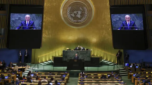 Israel Prime Minister Benjamin Netanyahu speaks during the General Debate of the 79th session of the United Nations General Assembly at United Nations Headquarters in New York, New York, USA, 27 September 2024.