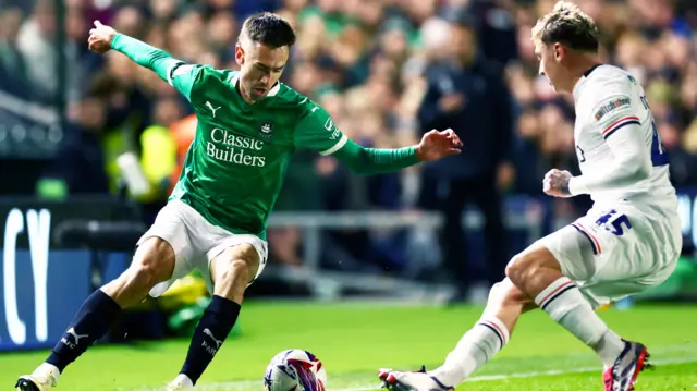 Plymouth forward Ryan Hardie takes on Luton's Alfie Doughty.