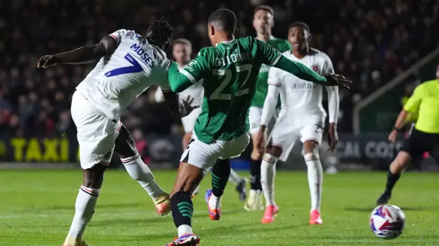 Luton's Victor Moses finds space in the Plymouth penalty area to score