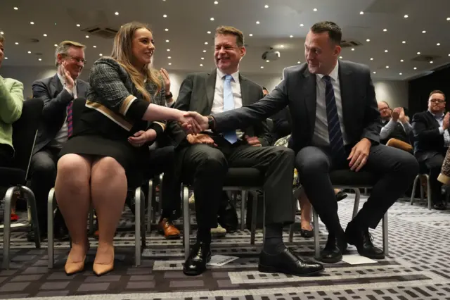 Murdo Fraser and Meghan Gallacher congratulate Russell Findlay on his victory in the Scottish Conservative leadership contest