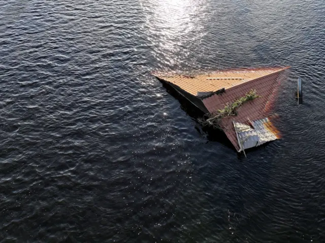 A drone view shows a flooded and damaged area, following Hurricane Helene in Steinhatchee, Florida