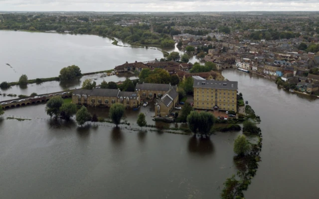 A drone captured flooding around St Ives in Cambridgeshire after the River Great Ouse burst its banks