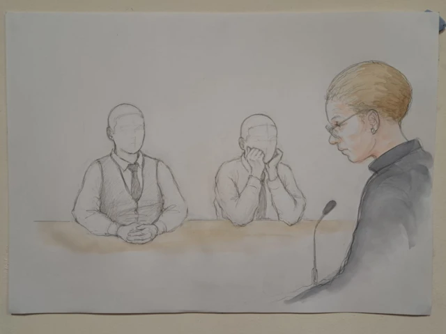 A court sketch showing two anonymous boys sitting before a judge with short blonde hair and glasses