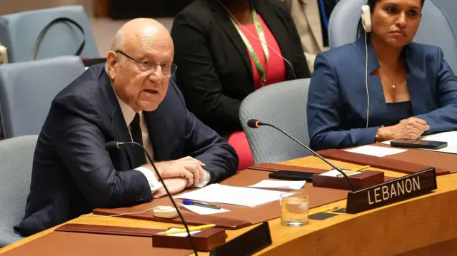 Prime Minister of Lebanon Najib Mikati addresses the United Nations Security Council during an emergency meeting called to address the rising tensions between Israel and Lebanon