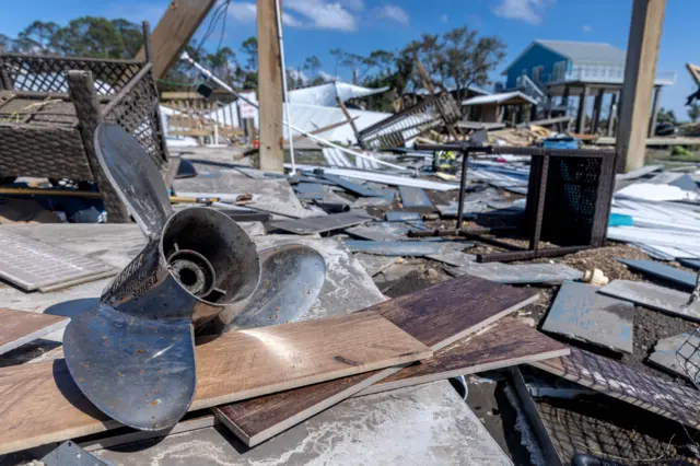 View of damages left behind by Hurricane Helene in Keaton Beach, Florida, USA,