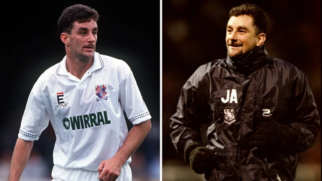 John Aldridge playing for Tranmere Rovers, left, and during his days as manager of the club, right