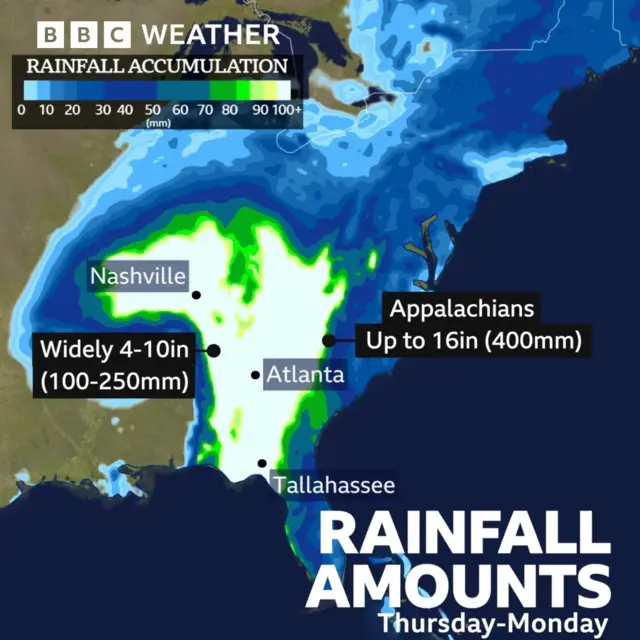 Map showing the amounts of rainfall over the south-west US