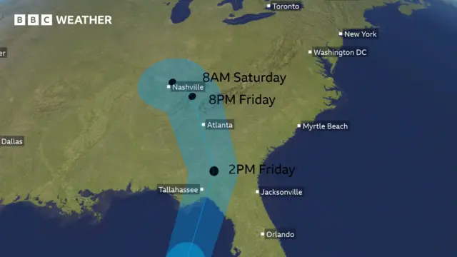 Map showing path of the hurricane