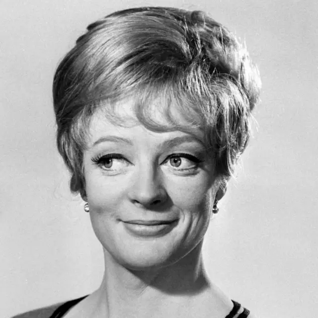 Maggie Smith in 1966, she is looking off camera and smiling slightly