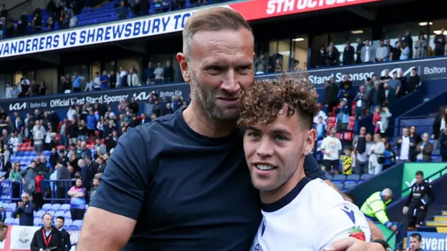 Bolton manager Ian Evatt and striker Dion Charles after the 5-2 win over Reading