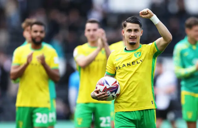 Borja Sainz celebrates his hat-trick for Norwich