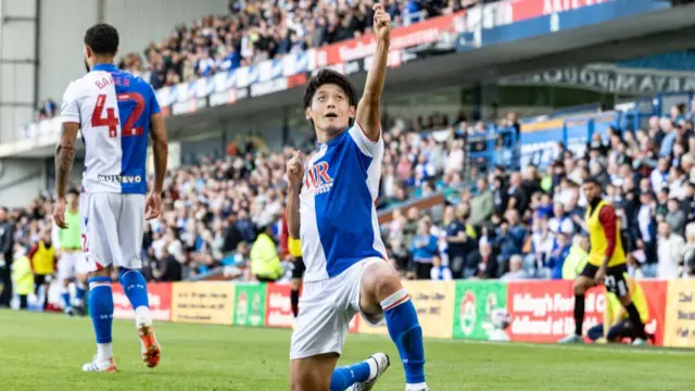 Blackburn Rovers' Yuki Ohashi celebrates scoring his side's second goal during the Championship match between Blackburn Rovers FC and Bristol City FC at Ewood Park