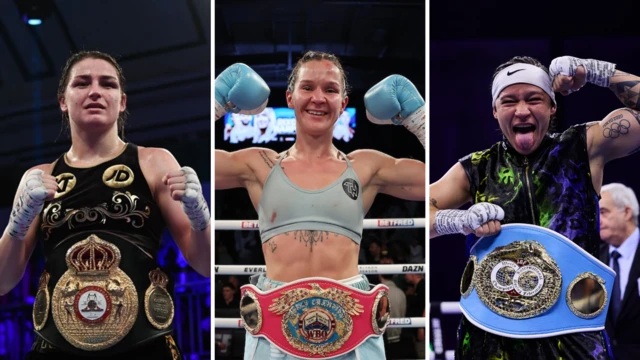 Split image of Katie Taylor with her WBA title, Terri Harper with her WBO title and Beatriz Ferreira with her IBF title.