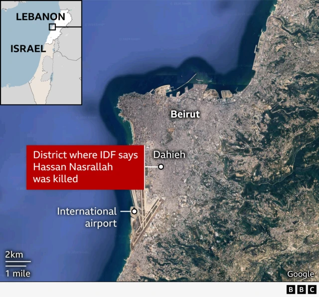 Map depicting Dahieh and Beirut in relation to the international airport