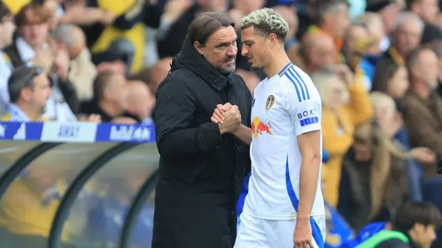 Leeds United manager Daniel Farke speaks with Ethan Ampadu as he goes off injured