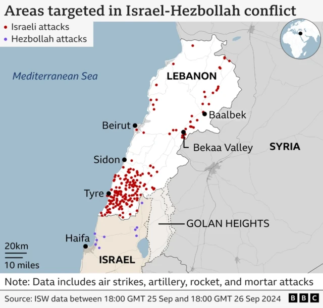 Areas targeted in Israel-Hezbollah conflict