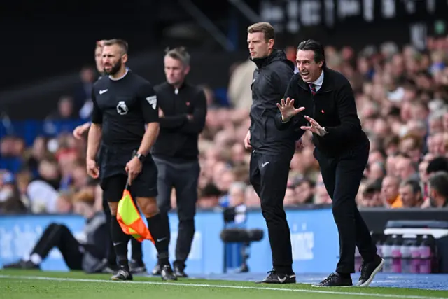 Unai Emery, Manager of Aston Villa, reacts