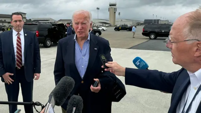 U.S. President Joe Biden speaks to the press before boarding Air Force One at Dover Air Force Base, Delaware, on September 29, 2024,