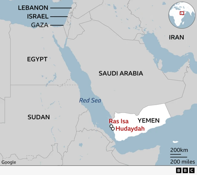 A map showing the locations of two Israeli air strikes in Yemen, in the context of the wider Middle East