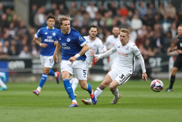 Jesper Daland of Cardiff City is challenged by Swansea City's Ollie Cooper