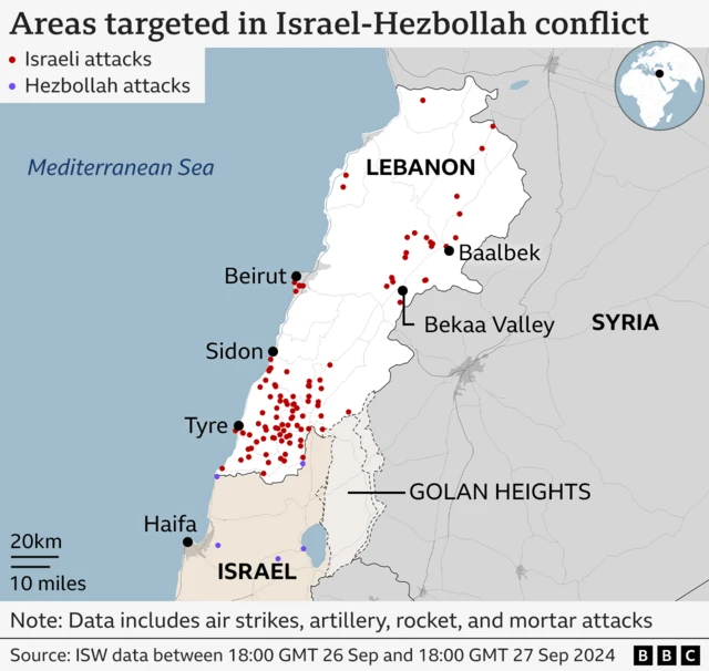 A map shows where air strikes on Lebanon and Israel have taken place between 26 September and 27 Septemeber