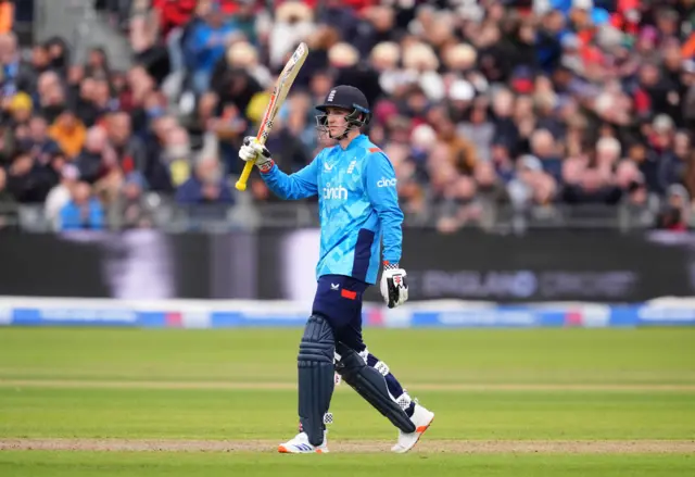 Harry Brook celebrates his half-century in the fifth ODI against Australia