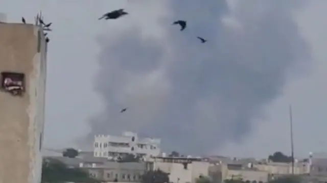 Smoke rising in Hudaydah, in footage shared on social media