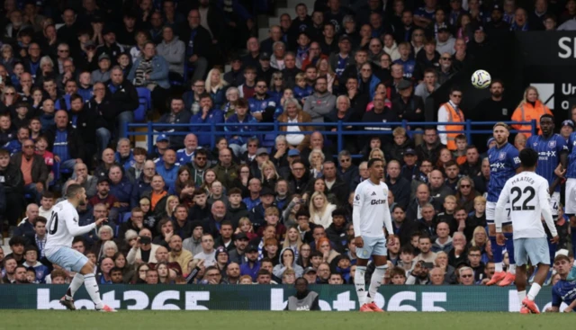 Emiliano Buendia shoots at goal