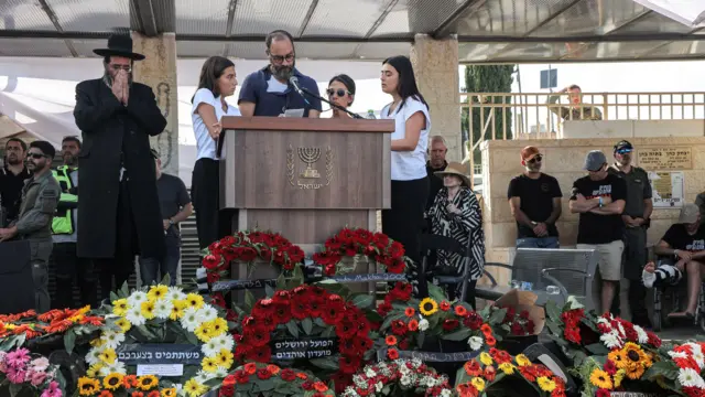 The family of US-Israeli hostage Hersh Goldberg-Polin speak during his funeral in Jerusalem yesterday