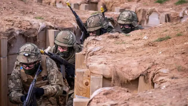 Ukrainian recruits training in an area of Eastern England, Britain, 14 March 2024