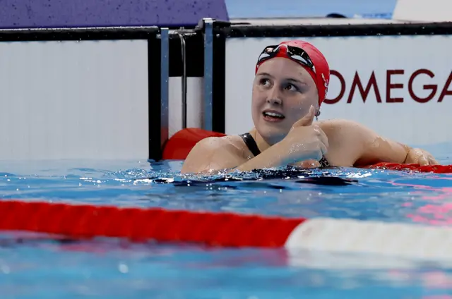 Faye Rogers gives the thumbs-up sign after qualifying for the S10 100m butterfly final