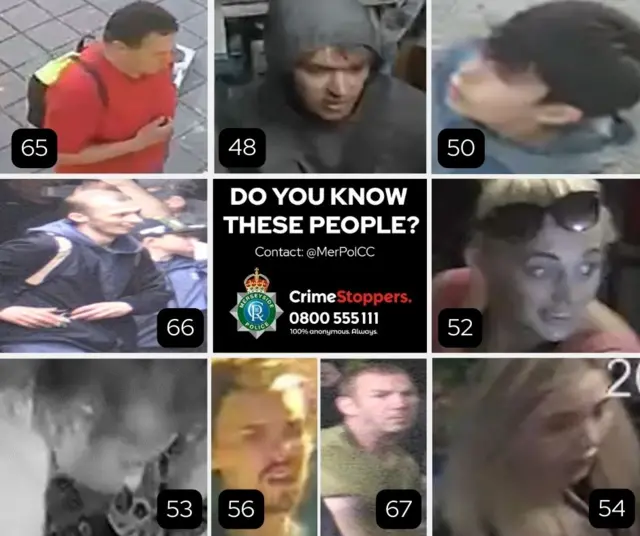 A picture grid with grainy cctv images of nine different people