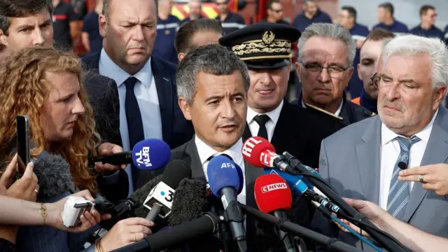 French Interior Minister Gerald Darmanin speaks to media after several migrants died as their boat capsized on its way across the Channel to Britain, in Boulogne-sur-Mer, France, September 3, 2024.