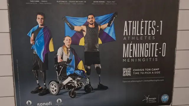 Meningitis awareness poster at Nanterre Préfecture RER station featuring swimmer Ellie Challis