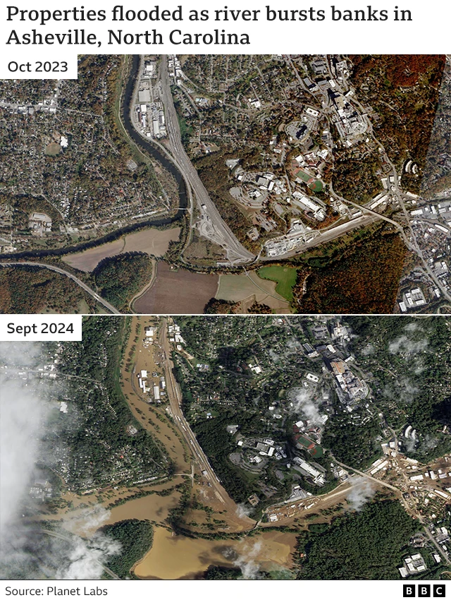 A before and after compilation shows damage caused in North Carolina