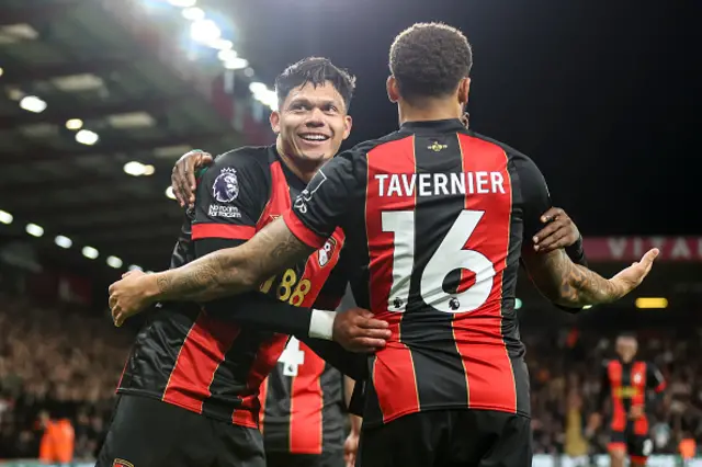 Evanilson of Bournemouth celebrates after he scores